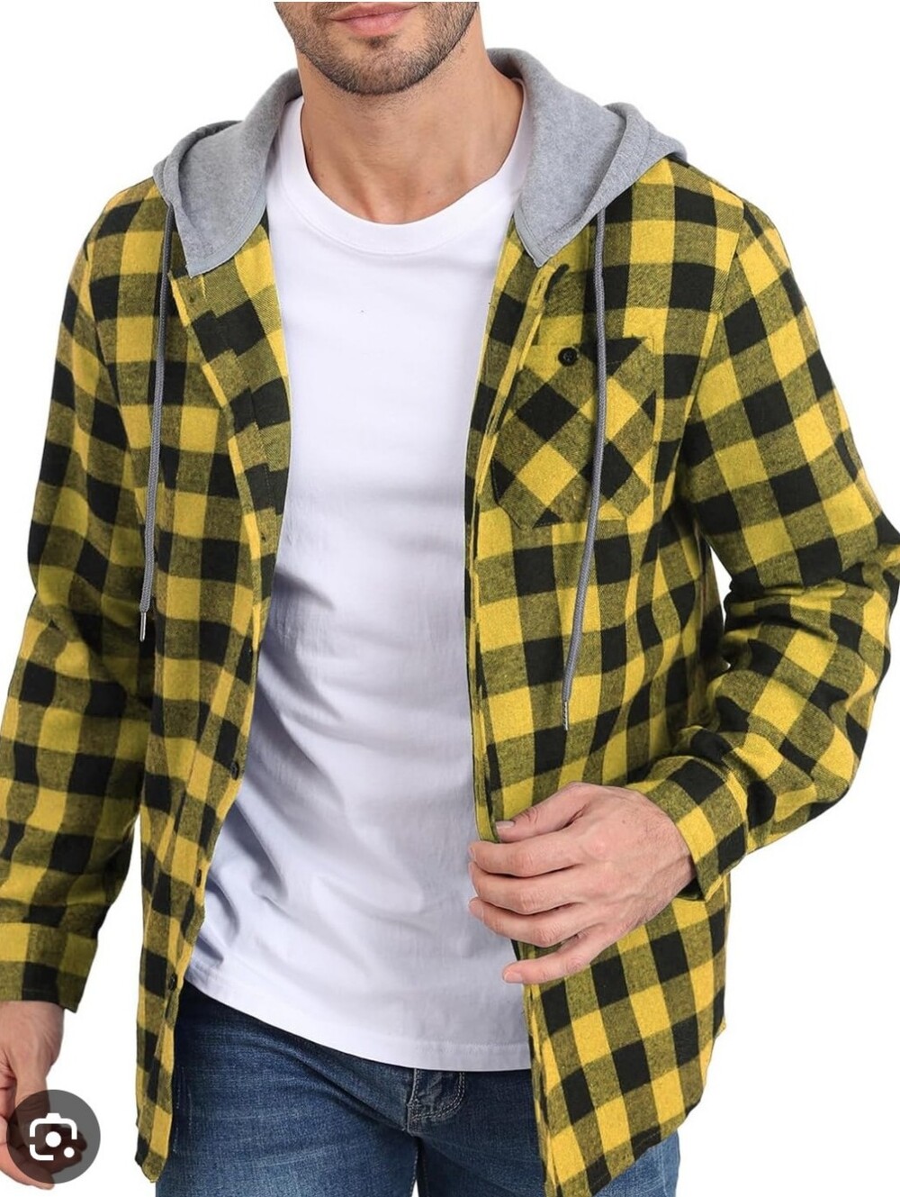 Yellow & Black Plaid Hooded Shirt Jacket
